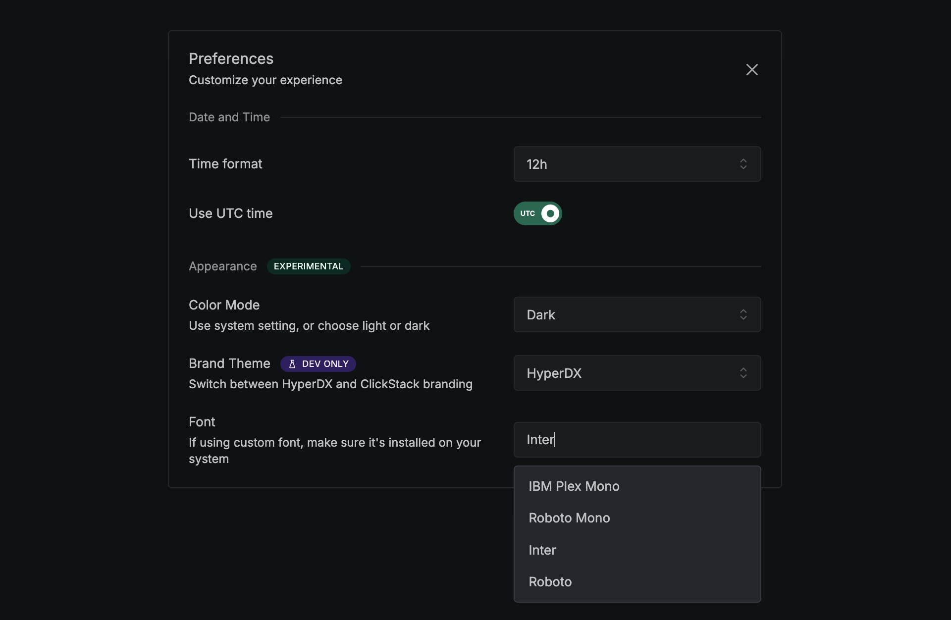 Preferences panel with theme and color mode toggles
